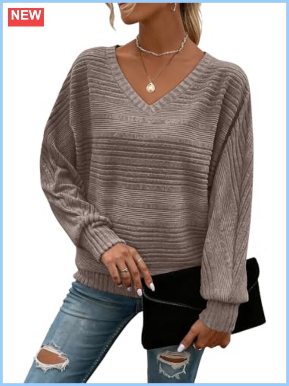 Women's V-Neck Batwing Sleeve Tunic Sweater Knit Top Long Sleeve Pullover